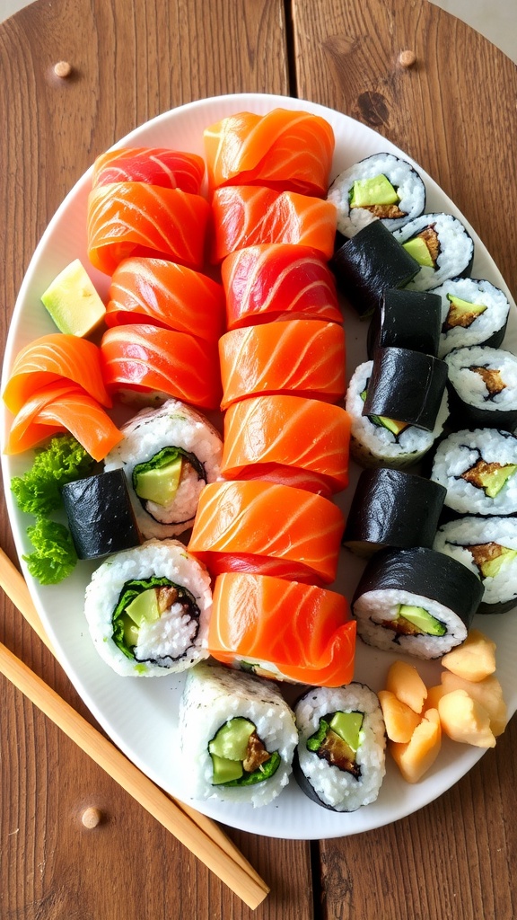 An assortment of sushi rolls including salmon, avocado, and cucumber on a wooden platter, served with wasabi and ginger.
